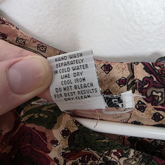 Vintage Tan Maroon 100% Silk Mixed Media Artsy Whimsical Blouse Size Medium - Picture 3 of 5